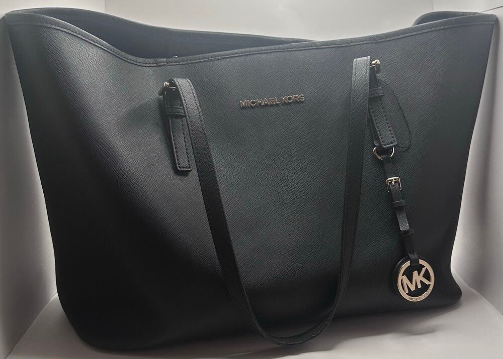 Michael Kors Saffiano Leather Tote Black Shoulder Bag Purse Charm